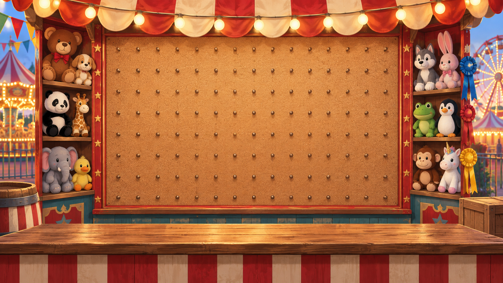 Carnival balloon booth with prizes surrounding an open game board