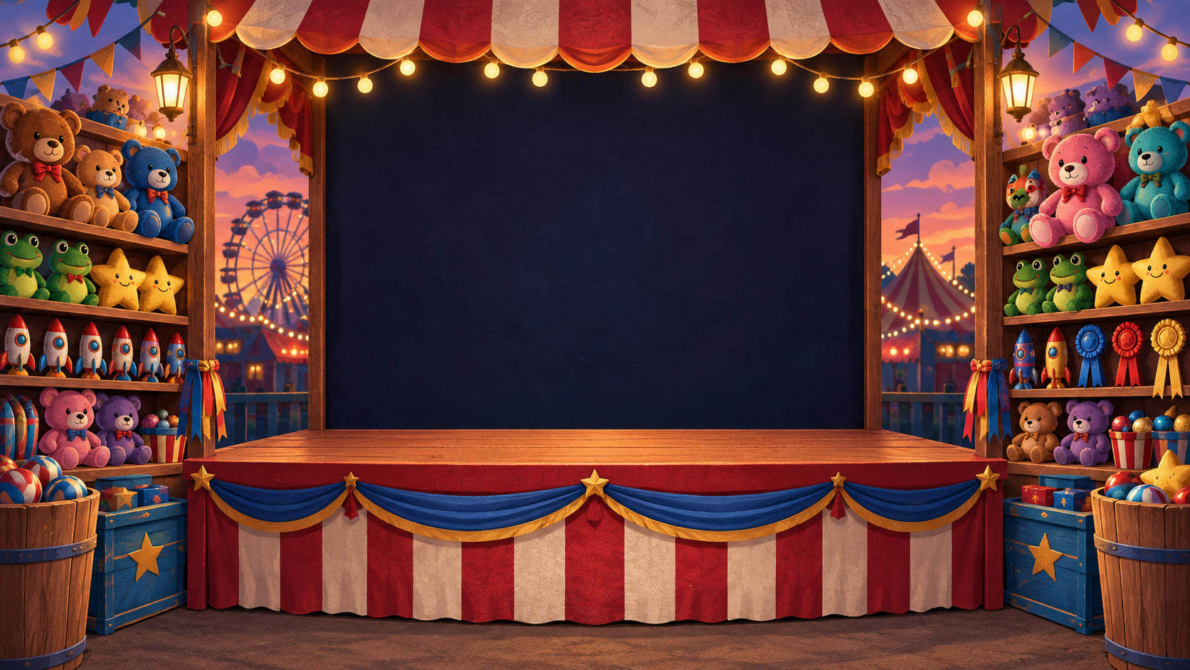 Carnival prize booth with stuffed animals and glowing lights