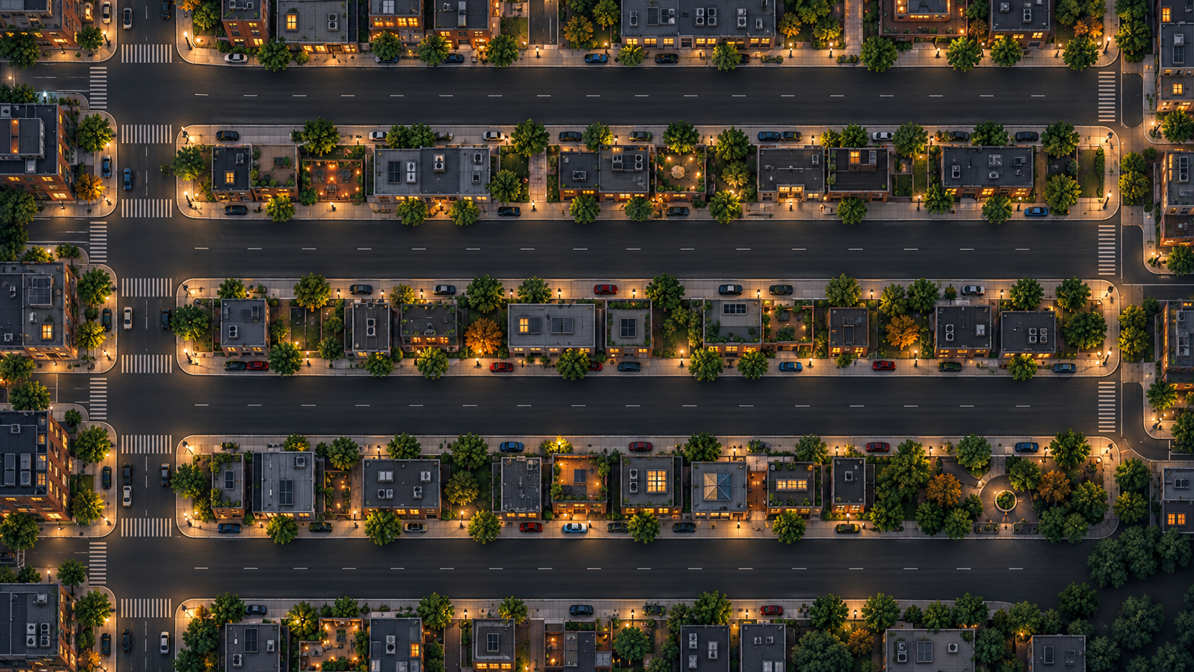 Overhead view of city blocks and parallel streets at dusk