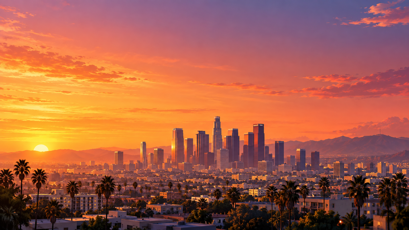 Los Angeles-inspired skyline at sunset with open sky for an eVTOL flight path