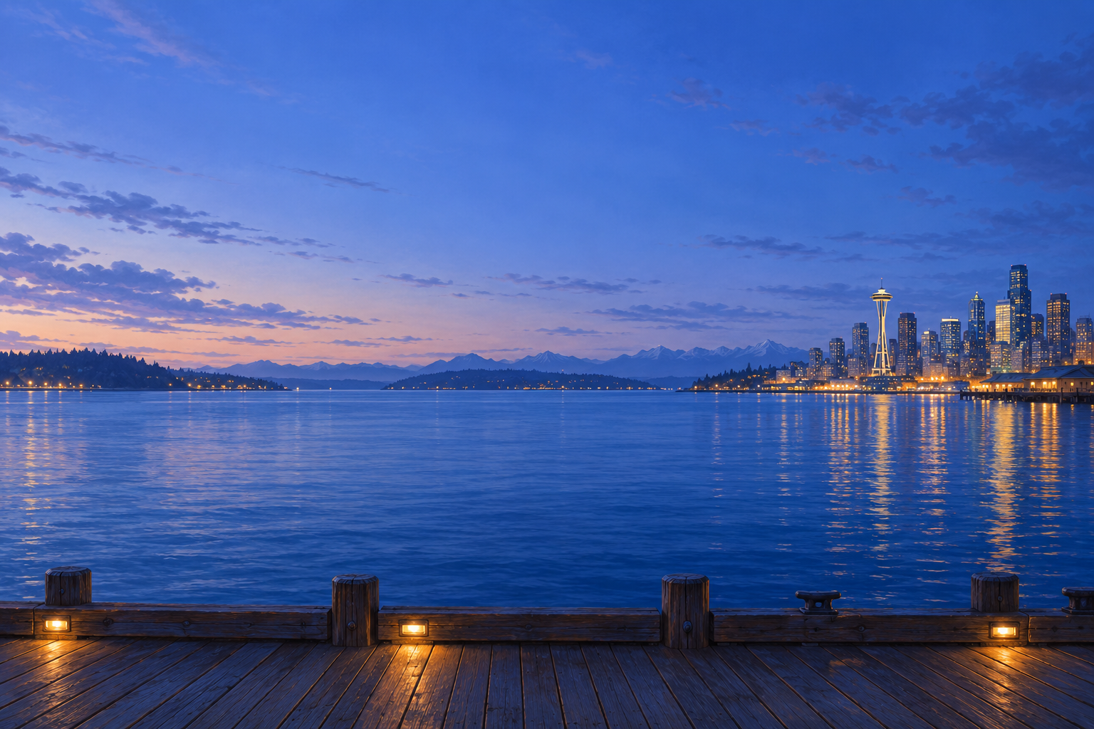 Seattle-inspired waterfront at twilight, with blue water, city lights, and a wooden pier