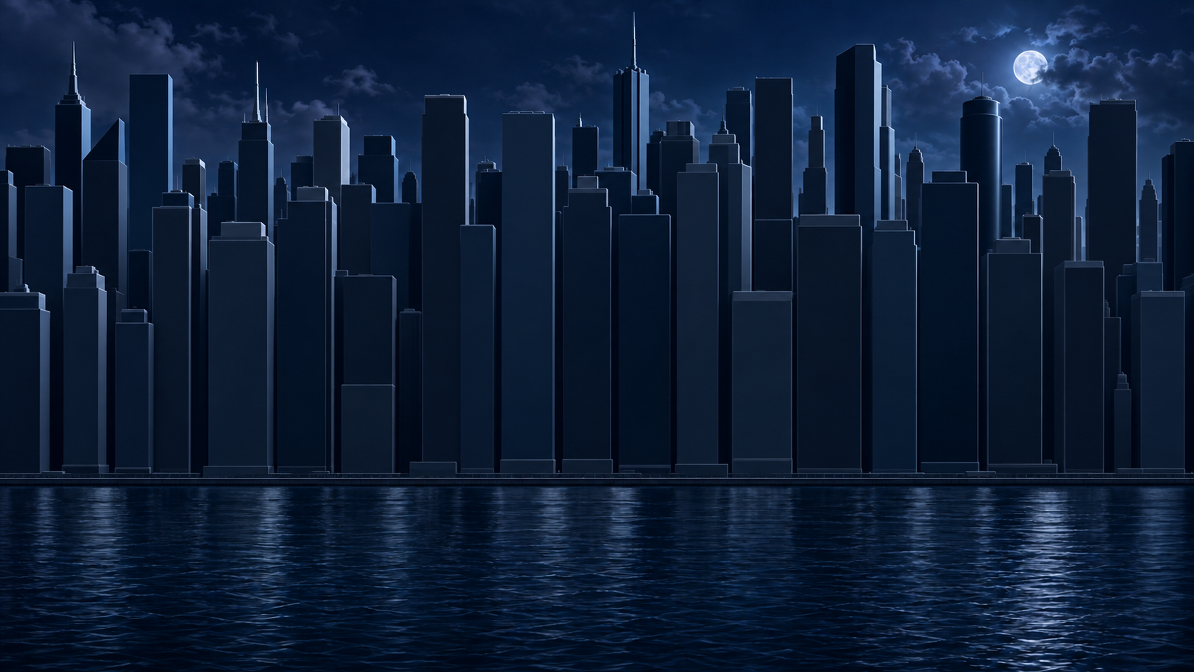 A dark, tightly packed riverfront skyline of skyscrapers at night