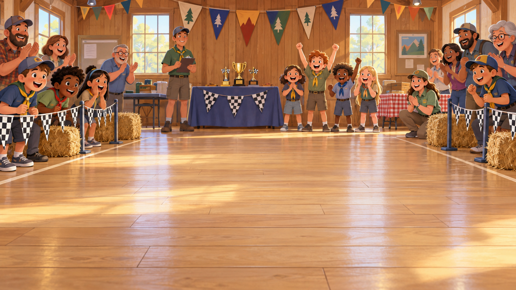 Youth scout-style pinewood derby in a community hall